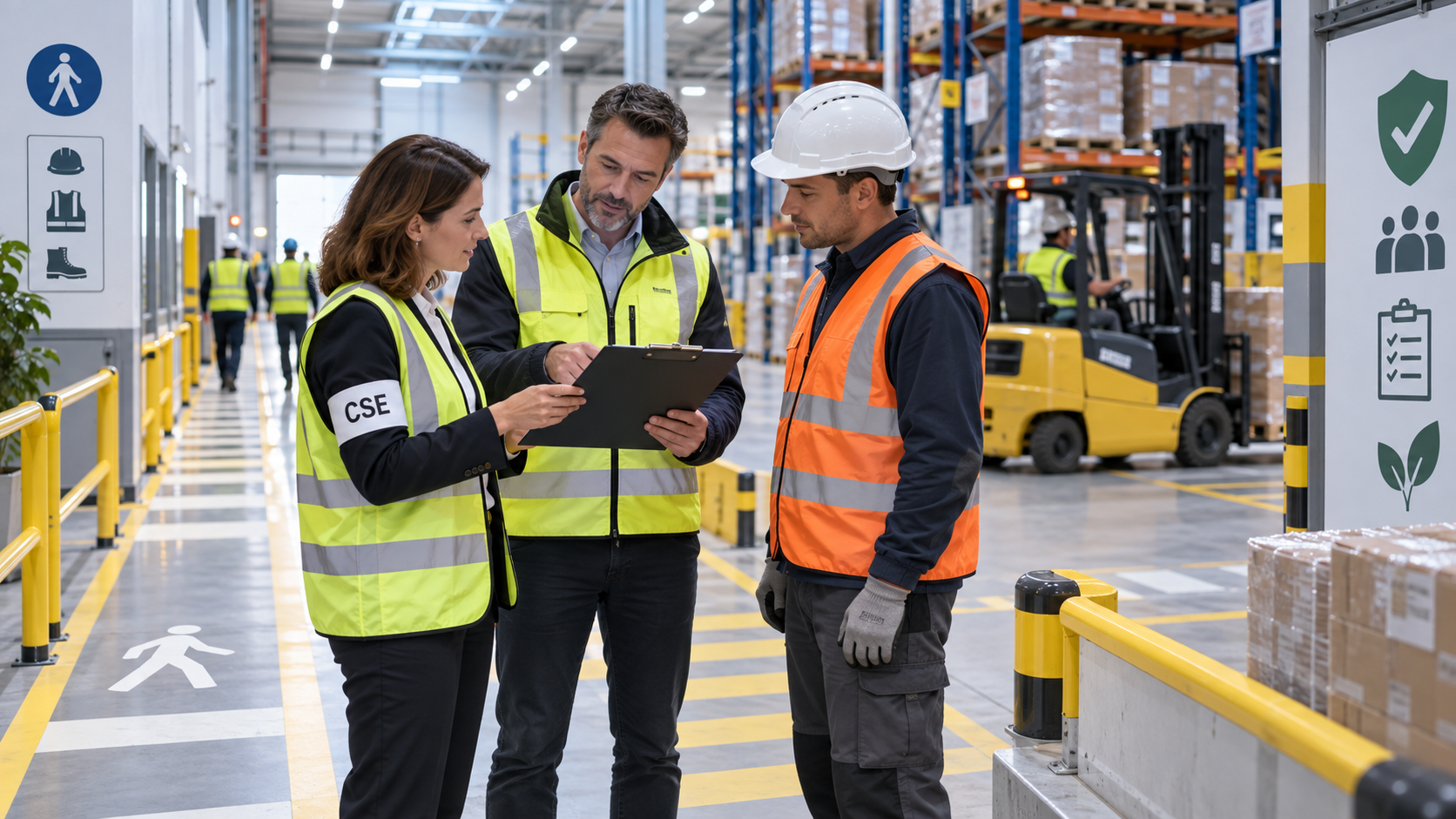Réunion sécurité en entrepôt logistique